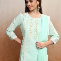 Vishudh Women Floral Embroidered Regular Pure Cotton Kurta with Trousers & With Dupatta-picture-49