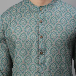 Anouk Teal Green and white Ethnic Printed Band Collar Pure Cotton Kurta with Pyjamas image 2