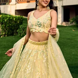 FABPIXEL Embroidered Sequinned Net Semi-Stitched Lehenga & Unstitched Blouse With Dupatta image 2