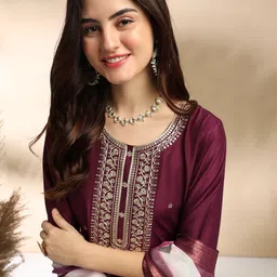 MOKOSH Floral Embroidered Straight Kurta With Trousers And Dupatta image 4