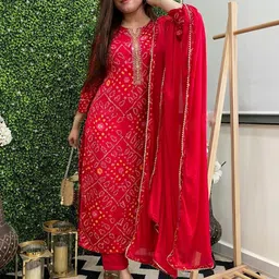 Moda Rapido Women Bandhani Printed Regular Thread Work Kurta with Trousers & With Dupatta image 4