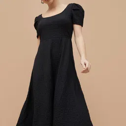 CODE by Lifestyle Women Solid Self Design Square Neck Puff Sleeve Fit & Flare Midi Dress-picture-17