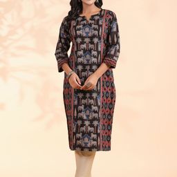KALINI Quirky Printed Notch Neck Pure Cotton Straight Kurta-image-43