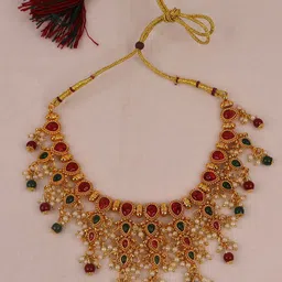 Ethnicking Gold-Plated Stones -Studded & Pearls Beaded Jewellery Set-picture-23