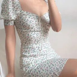 KPOP Floral Print Sweetheart Neck Puff Sleeves Ruched Bodycon Dress-image-6
