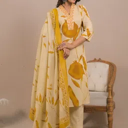 Readiprint Floral Printed Thread Work V-Neck Pure Cotton Kurta With Palazzos & Dupatta-picture-35