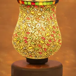 Aura White & Green Textured Bell Shaped Glass Table Lamp with Wooden Base image 2