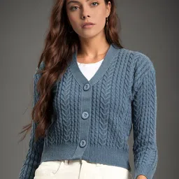 all about you Women Solid Cable Knit V-Neck Crop Cardigan-image-27