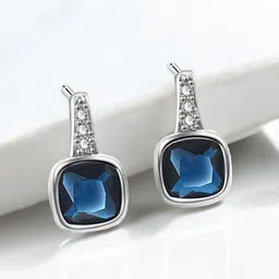 MYKI Stainless Steel Silver Plated Cubic Zirconia Studded Square Shaped Drop Earrings image 2