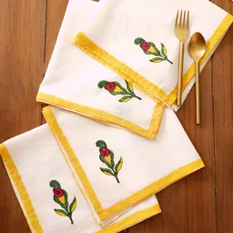 JAYPORE Set Of 4 White & Yellow Printed Cotton Table Napkins-picture-3