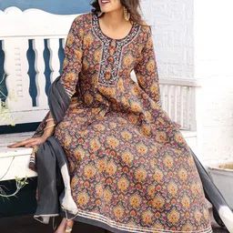 Roly Poly Floral Printed Thread Work Pure Cotton Anarkali Kurta with Trousers & Dupatta image 5