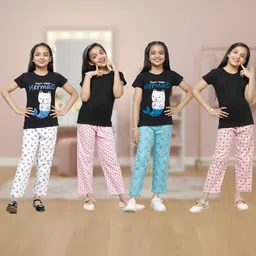 YK Girls Pack Of 4 Printed Cotton Straight-Leg Lounge Pants-picture-31