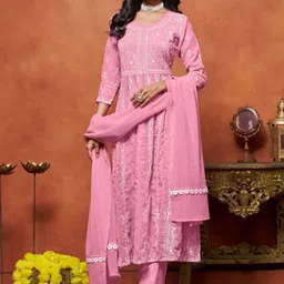 Sangria Chikankari Embroidered Anarkali Kurta & Trousers With Dupatta-image-38