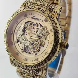 quano Forest Luxury Lion Curved Golden Dial and Chain Men Wrist Watch Analog Watch - For Men QNO-GLDN image 5