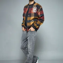 FUGAZEE Men Checked Bomber with Patchwork Jacket image 4