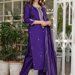 KALINI Ethnic Motifs Embroidered Straight Notch-Neck Kurta With Trouser & Dupatta image 2