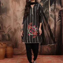 Sangria Embroidered Thread Work Striped Shirt Collar Kurta with Dhoti Pants & Dupatta image 5