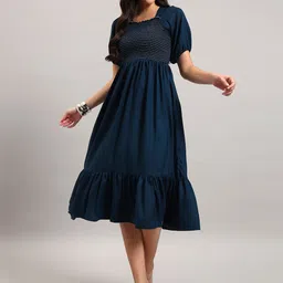 Raiyani Fashion Square Neck Puff Sleeves Fit And Flare Tiered Midi Dress-picture-36