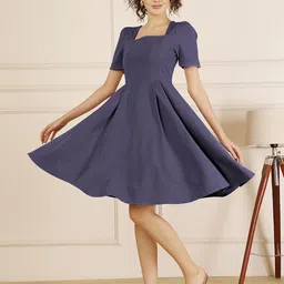 Selvia Women Self Design Puff Sleeve Fit & Flare Above Knee Dress image 1