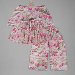 IRSIA Girls Ethnic Style Open Front Floral Printed Laced Kurti Palazzo Pant Set image 5