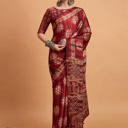 Mitera modal Ajrak Pure Crepe Block Print SareeWith Blouse Piece-image-3