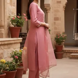 House of Pataudi Embroidered Round Neck Kurta & Trousers with Dupatta Set image 5