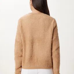 Happiness istanbul Women Round Neck Woollen Cardigan with Fuzzy Detail image 4