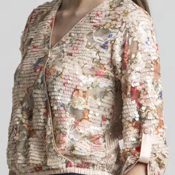 SHAYE Floral Embellished V-Neck Sequin Three-Quarter Sleeves Party Tops For Women image 3