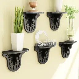 Set of 5 Engineered Wood Carved Floating Wall Shelf in Black Colour by Home Sparkle image 1