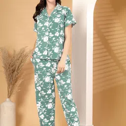 ETC Women Lapel Collar Floral Printed Shirt & Pyjamas Night suit-picture-13