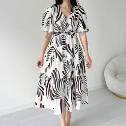 OMPAX Print Puff Sleeve Fit & Flare Midi Dress image 3