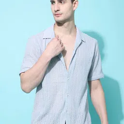 Voroxy Men Smart Cuban Collar Textured Polycotton Casual Shirt-image-38