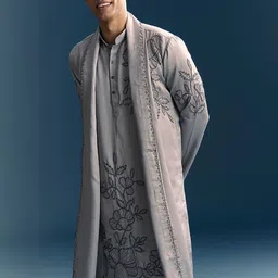 KALKI Fashion Men Floral Embroidered Regular Thread Work Linen Kurta with Trousers & With Dupatta image 2