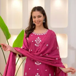 FAST FASHIONS Women Ethnic Motifs Embroidered Regular Thread Work Kurta with Trousers & With Dupatta image 5