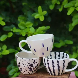 WEAVING HOMES White & Black 3 Pieces Printed Ceramic Glossy Mugs-210 ml Each image 2