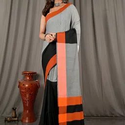 Brynbrit Checked Woven Design Pure Cotton Khadi Saree With Blouse Piece-image-3