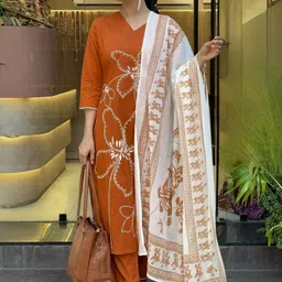 KALINI Floral Embroidered V-Neck Straight Kurta With Trousers And Dupatta image 5