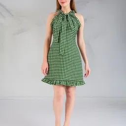HOUSE OF MIRA Women Gingham Checked Halter Neck Ruffle Backless A-Line Mini Dress-picture-16