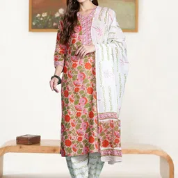 Indo Era Women Floral Printed Regular Thread Work Pure Cotton Kurta with Patiala & With Dupatta-picture-23