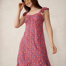 Outzidr Women Floral Printed Sweetheart Neck Flutter Sleeves A-Line Mini Dress image 3