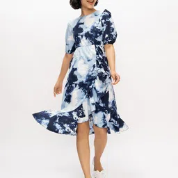 AASK Women Tie and Dye Print Puff Sleeve Crepe Fit & Flare Midi Dress image 3