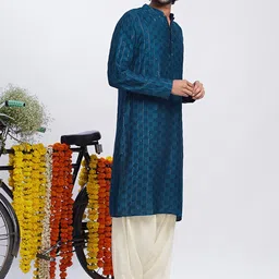 KISAH Checked Mandarin Collar Cotton Kurta image 3