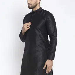 Jompers Men Black Solid Dupion Silk Thread Work Straight Kurta image 5