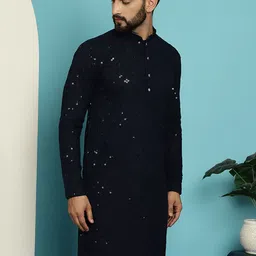 SOJANYA Geometric Embroidered Mandarin Collar Sequins Pure Cotton Kurta image 3