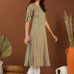 MASSTANI BY INDDUS Ethnic Woven Design Roll Up Sleeves Pleated Cotton A-Line Kurta image 3