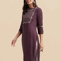 kalini MIRCHI FASHION Burgundy Floral Yoke Design Boat Neck Thread Work Straight Kurta image 3