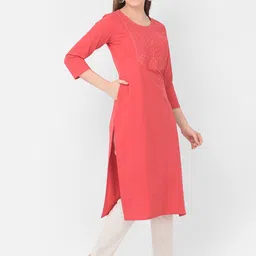 Span Round Neck Three-quarter sleeves Yoke Design Thread Work Cotton Straight Kurta image 3