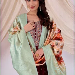 Moda Rapido Women Pista Floral Woven Desgin Silk Dupptta-image-87