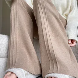 DressBerry Women Khaki Solid Knit High Waisted Wide Leg Casual Lounge Pants-image-49
