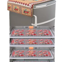 LooMantha Beige 5 Pieces Floral Printed Refrigerator Cover & Fridge Mats-image-91